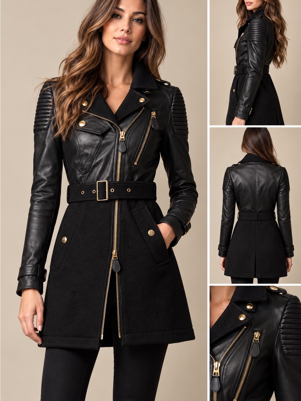 Burberry Brit Black Calf Leather & Wool Moto Coat with Gold Hardware